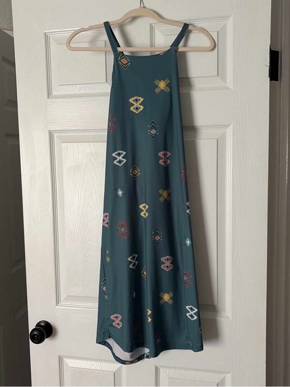 Patagonia Teal Backless Dress with Multicolor Geometric Print